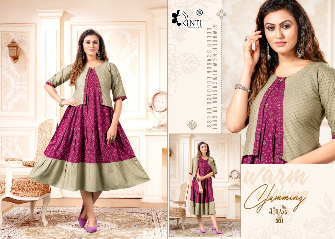 Kinti Atrangi 3 Fancy Wear Rayon Designer Anarkali Kurti With Jacket Collection
